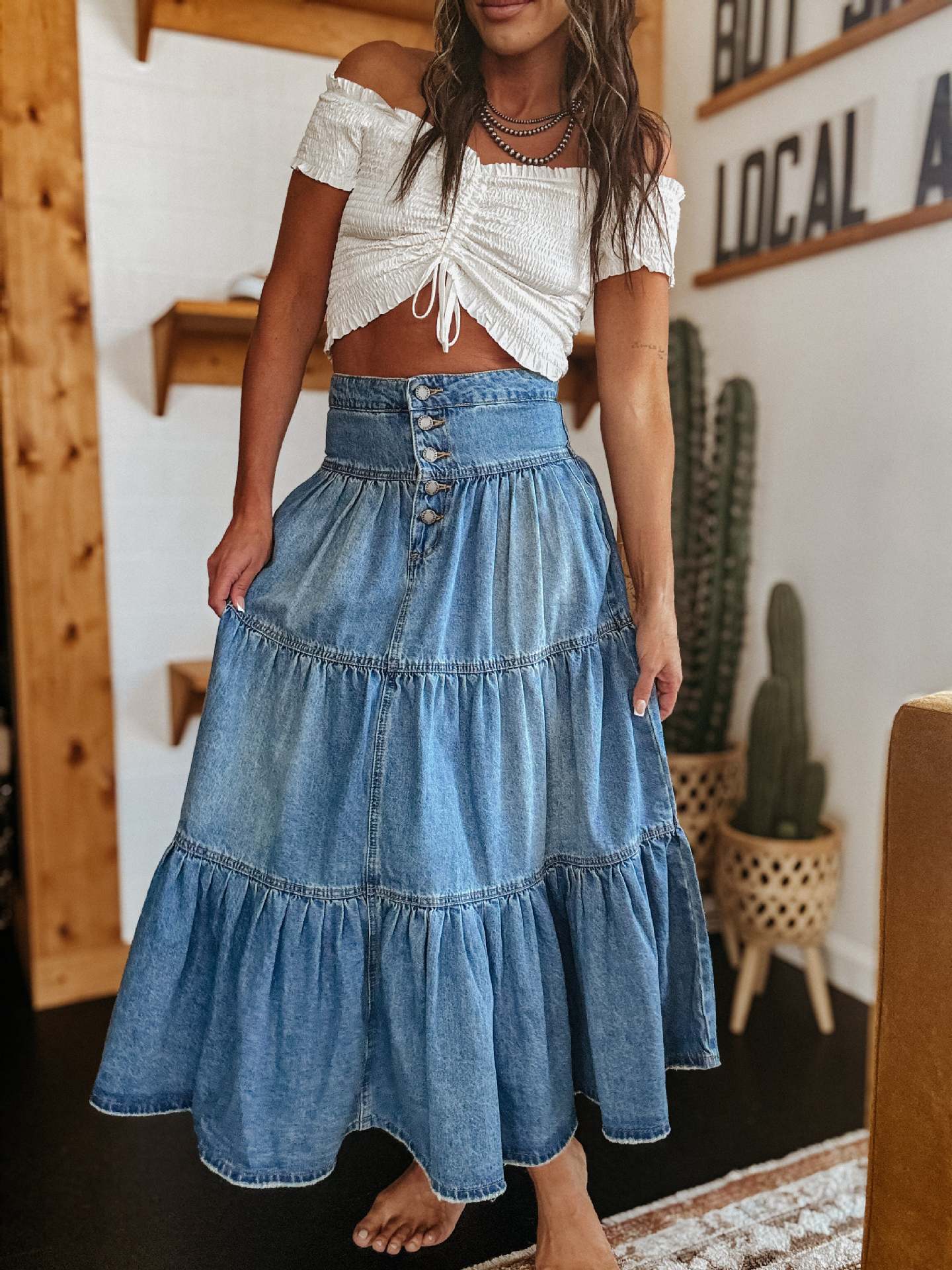 Boho Denim Maxi Skirt